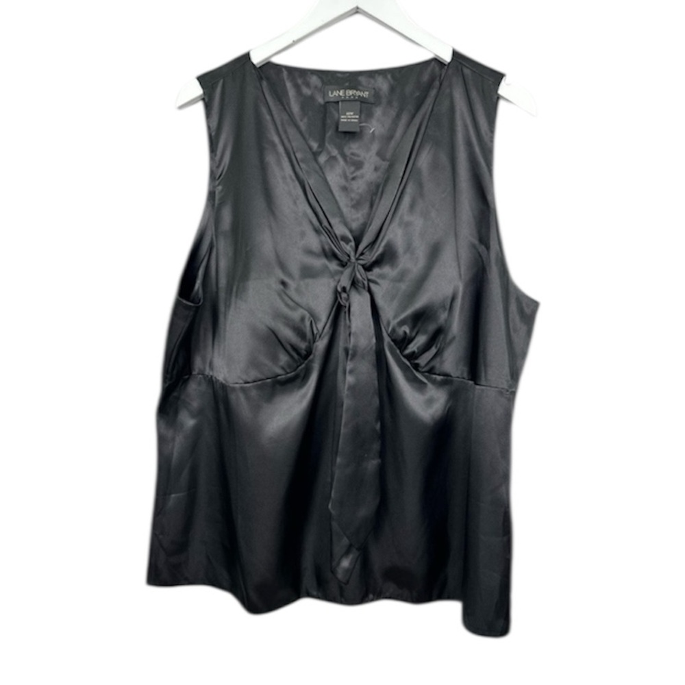 Lane Bryant Black Satin V Neck Front Tie Top Blouse 22W NWOT